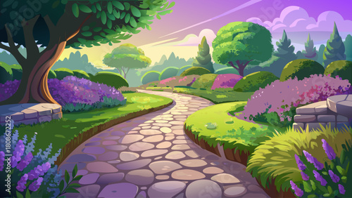 Close-up view of a curved cobblestone walkway surrounded by fresh green shrubs and purple lavender, soft morning light illuminating the tranquil garden scene