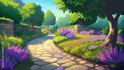Close-up view of a curved cobblestone walkway surrounded by fresh green shrubs and purple lavender, soft morning light illuminating the tranquil garden scene