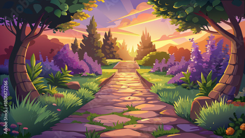 Detailed macro shot of a stone garden path lined with vibrant lavender and lush plants, warm sunrise glow enhancing textures and colors