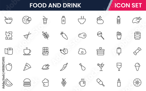 Food and drink web icons in line style. Meal, restaurant, dishes, fruits, fast food, burger, pizza, coffee, sandwich, collection. Vector illustration.
