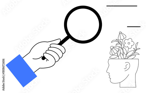 Hand holding magnifying glass toward head filled with blooming flowers, symbolizing growth and creativity. Ideal for discovery, learning, mental health, focus, creativity, self-improvement