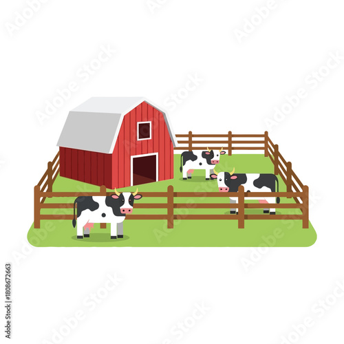 Cartoon illustration of three cows in a fenced pasture with a red barn in the background.
