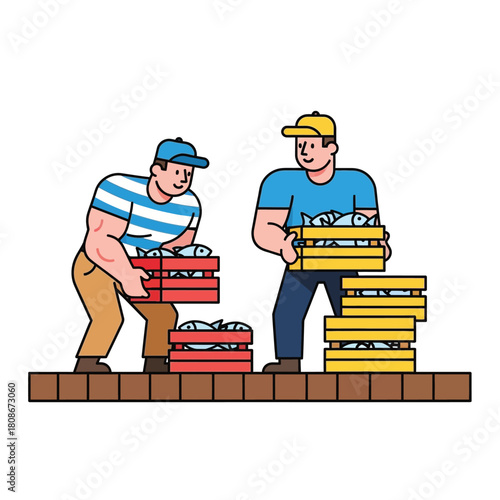 Two men carrying stacked crates of fish, possibly at a dock or market.