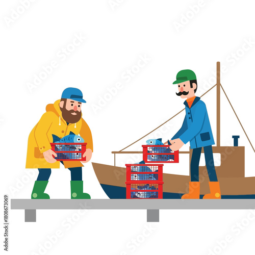 Two fishermen unloading crates of freshly caught fish from a boat at the dock.