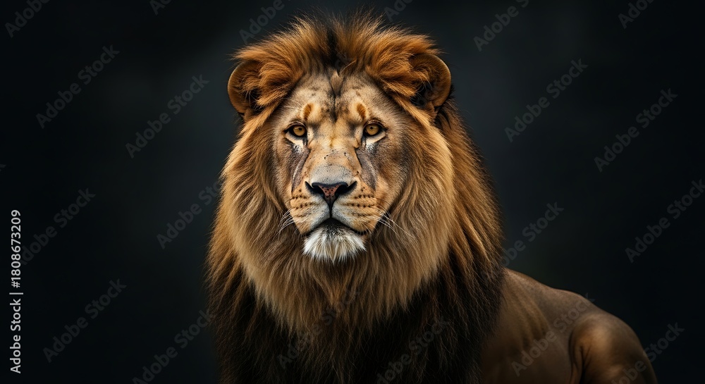 Fototapeta premium Majestic Male Lion with Golden Mane Facing Camera in Dark Background