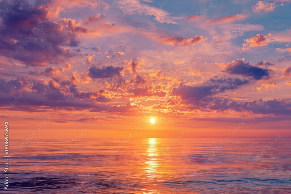 Fototapeta premium Vibrant sunrise over a calm ocean with colorful clouds reflecting on the water at dawn in a peaceful sky setting
