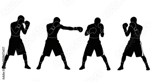 Boxer Silhouette Vector Illustration Showing Guard, Jab, Hook, Uppercut, and Knockout Poses in Dynamic Sports Style

