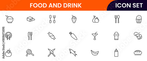 Food and drink web icons in line style. Meal, restaurant, dishes, fruits, fast food, burger, pizza, coffee, sandwich, collection. Vector illustration.