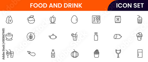 Food and drink web icons in line style. Meal, restaurant, dishes, fruits, fast food, burger, pizza, coffee, sandwich, collection. Vector illustration.