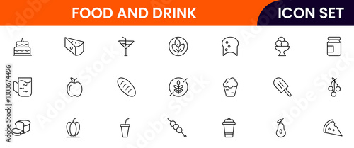 Food and drink web icons in line style. Meal, restaurant, dishes, fruits, fast food, burger, pizza, coffee, sandwich, collection. Vector illustration.