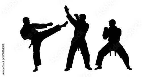 Martial Artist Silhouette Vector Illustration Showing Kick, Block, and Ready Stances in Dynamic Minimal Style

