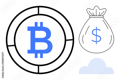 Bitcoin logo in circular design, money bag with dollar sign, and cloud graphic. Ideal for blockchain, cryptocurrency, finance, savings, investment digital economy fintech. Simple flat metaphor