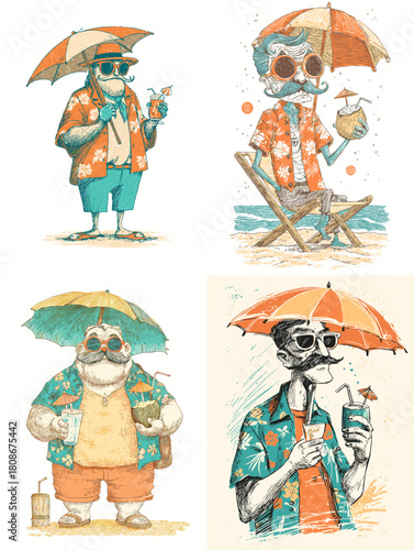 Whimsical illustrations of an old man enjoying a summer vacation with umbrella drinks, beach chairs, and tropical outfits. Warm playful artwork with relaxed holiday vibes and fun character design.