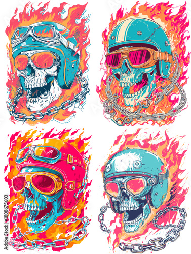 Dynamic biker skull illustrations wearing helmets and goggles with blazing flames and chains. Vibrant energetic artwork inspired by motorcycle culture, speed, and extreme rebellious style.