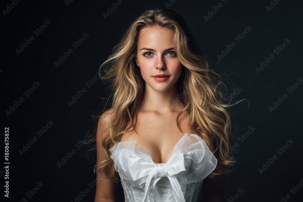 Naklejka premium Young blonde woman in an elegant white dress poses confidently against a dark backdrop, showcasing beauty and grace in a stylish manner during a photoshoot