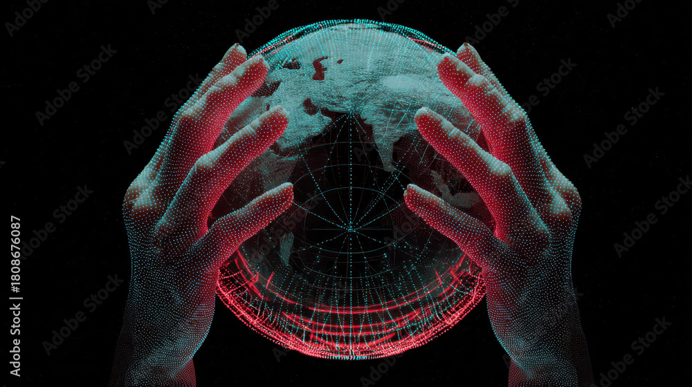 custom made wallpaper toronto digitalPair of digital hands gently cradles glowing, holographic globe against dark background, symbolizing global connectivity and technology. image conveys futuristic and innovative atmosphere