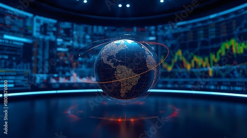 A digital globe rotates in a futuristic studio with stock market data displayed on screens, symbolizing global finance, technology, and interconnectedness in a modern setting