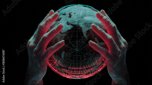 Wallpaper Mural Pair of digital hands gently cradles glowing, holographic globe against dark background, symbolizing global connectivity and technology. image conveys futuristic and innovative atmosphere Torontodigital.ca