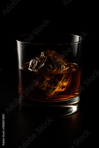 A closeup image of a glass of whisky on the rock.
