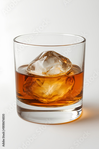 A closeup image of a glass of whisky on the rock.