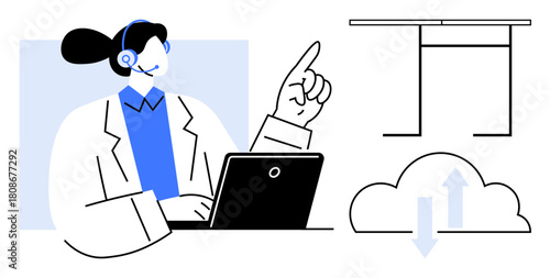 Customer service representative with a headset, laptop, pointing to cloud storage and data uploaddownload. Ideal for tech support, cloud technology, IT services, communication, remote work, online
