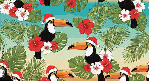 Festive Toucan Birds with Santa Hats and Tropical Hibiscus Flowers Seamless Pattern