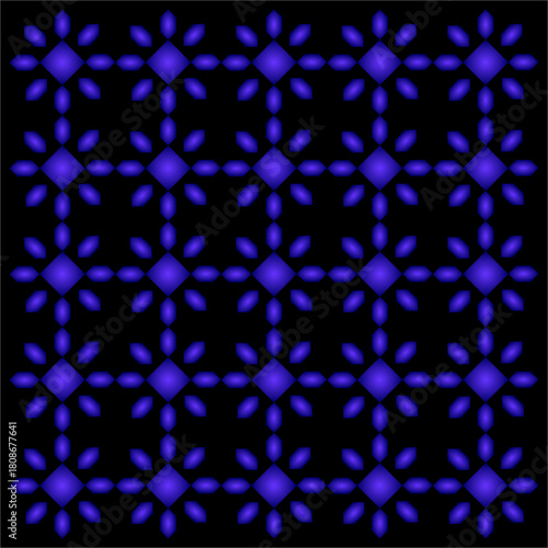 A glowing grid of radiant indigo shapes forms a repeating geometric tapestry, blending soft gradients and symmetry into a mesmerizing, ornamental pattern of light.