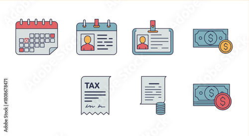 A set of flat design icons representing financial concepts like taxes, money, and payments, along with personal identification and calendar planning