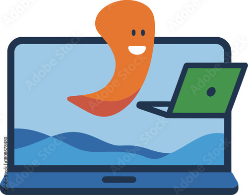 Digital worm character popping out of a laptop screen with icon