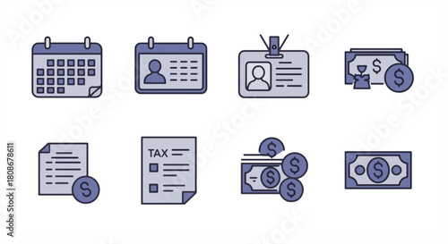 Vector icon collection for business management, financial planning, personal identification, and tax season concepts