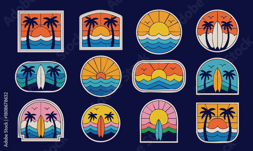 Set of 12 Retro-Style Beach and Surf Badge Illustrations, Tropical Sunset & Surfboard Emblems, Perfect for t-shirt prints, stickers and other uses