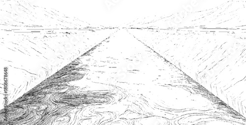 Black and white abstract landscape with swirling lines on ground and textured mountains vector