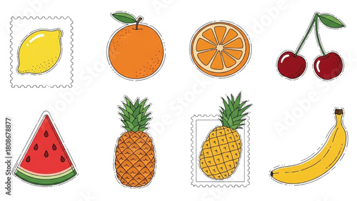 Collection of Various Fresh Fruits with Colorful Designs and Stamp Borders