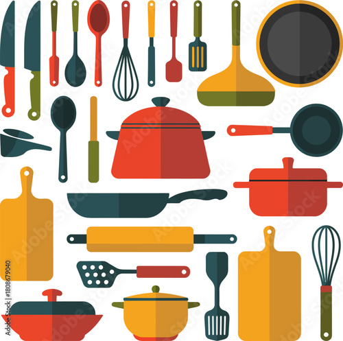 Cooking utensils and kitchenware collection in flat design style