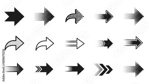 Modern collection of black directional arrow icons with pixel, gradient, and motion effects