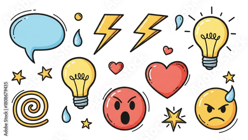 Hand-drawn doodle icons of lightbulbs, speech bubble, and emotional faces for design
