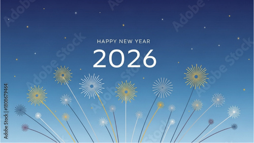 Happy New Year 2026 Greeting with Fireworks on a Starry Night Sky