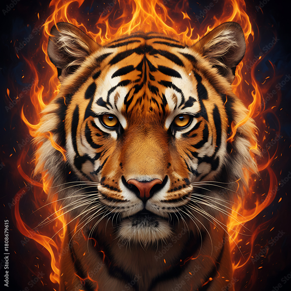 Naklejka premium Close up portrait of a tiger surrounded by flames with a dark background and intense eyes