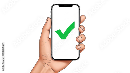 Hand Holding Smartphone with Checkmark on Screen Mobile Success