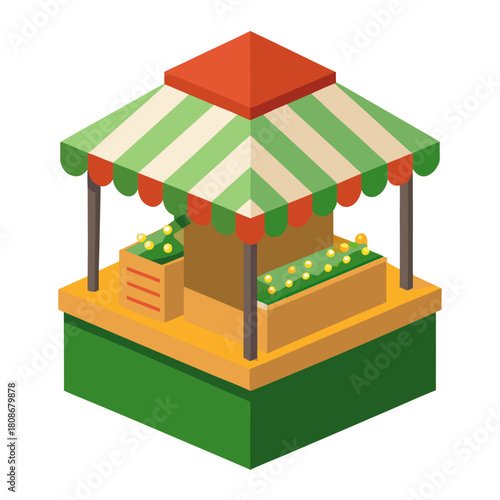 Isometric illustration of a market stall with produce and striped awning isolated on white background