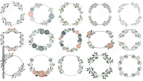 A versatile collection of elegant hand-drawn floral wreaths and frames, perfect for enchanting wedding invitations, logos, and various decorative design projects