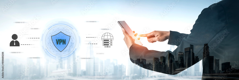 Fototapeta premium VPN security protects network access. VPN security encrypts data, hides identity, VPN security defends traffic, and VPN security secures connection from threats. Vouch