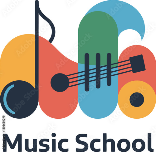 Music school logo concept with abstract instruments and note