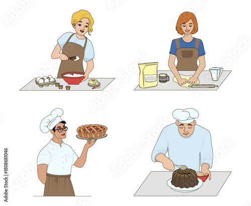 Vector illustration of baking activities featuring individuals mixing ingredients, kneading dough, and presenting finished baked goods like pie and cake. Illustrates joyful culinary experiences.