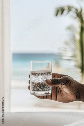 Hand holds clear glass of water with tiny bubbles, ocean and palm tree background, refreshing drink