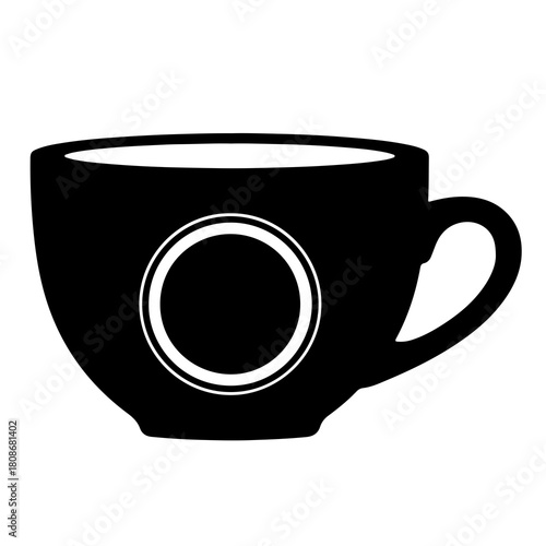 Simple black silhouette of a coffee cup with a circular emblem on its side against a white background