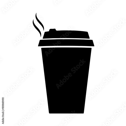 Simple black silhouette of a steaming disposable coffee cup with a lid isolated on a white background