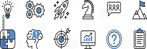 business idea startup doodle line icon set, hand drawn sketch style with strategy symbols, finance goals, rocket launch, target, brain elements, perfect for creative startup concepts, planning .