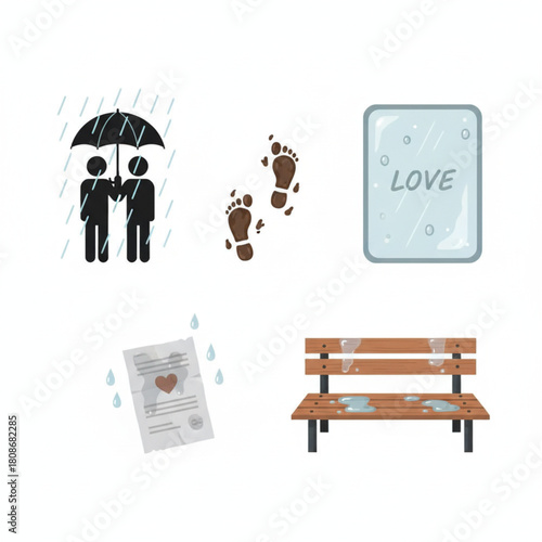 A set of symbolic vector icons depicting the stages of love, romance, and heartbreak