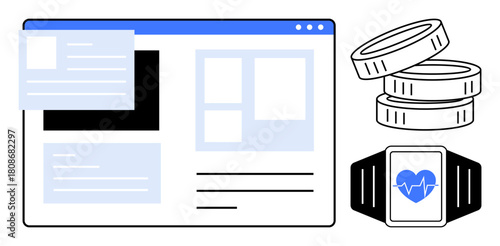 Website interface, smartwatch with heartbeat display, coin stack. Ideal for technology, finance, health analytics, digital economy, UIUX wearable tech modern innovation. Simple flat metaphor